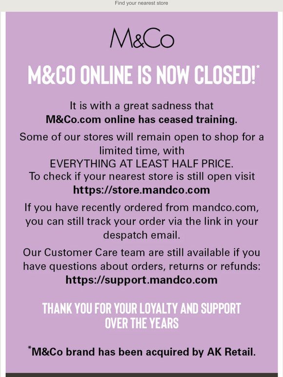 M&Co Online is now closed*