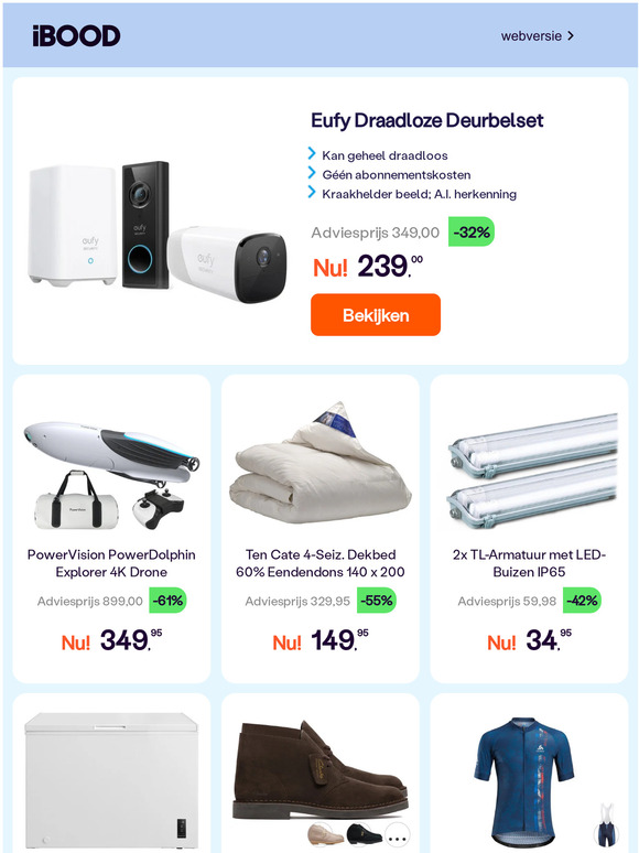 Eufy Draadloze Deurbelset -32% | PowerVision PowerDolphin Explorer 4K Drone -61% | Ten Cate 4-Seiz. Dekbed 60% Eendendons 140 x 200 -55%