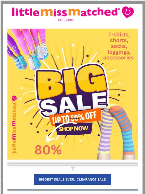 LAST DAYS! UP TO 80%++ OFF.  Shorts, TEES, Socks, Leggings and more spring items!!