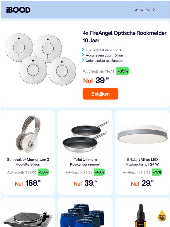 4x FireAngel Optische Rookmelder 10 Jaar -65% | Sennheiser Momentum 3 Hoofdtelefoon -53% | Tefal Ultimum Koekenpannenset -48%