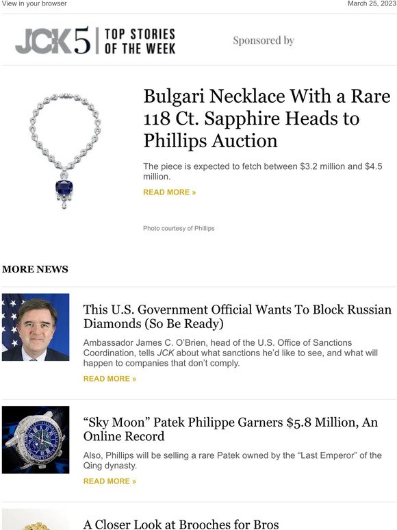 Top Stories: Bulgari Necklace With a Rare 118 Ct. Sapphire Heads to Phillips Auction