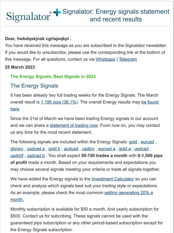 Signalator: Energy signals statement and recent results
