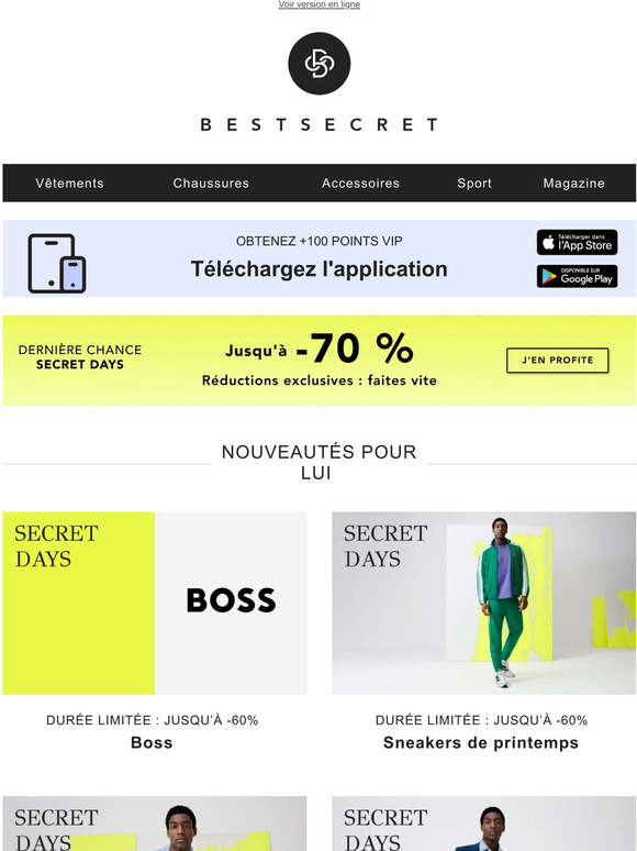 Secret Days jusqu'à -70 % | Boss | Sneakers de printemps | On aime la couleur | Tenues de fête