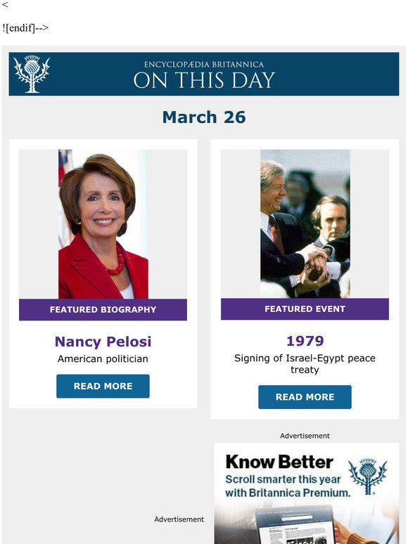 Signing of Israel-Egypt peace treaty, Nancy Pelosi is featured, and more from Britannica