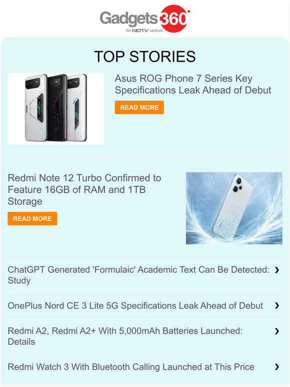 Gadgets 360 Newsletter: Asus ROG Phone 7 Series Key Specifications Leak Ahead of Debut & more