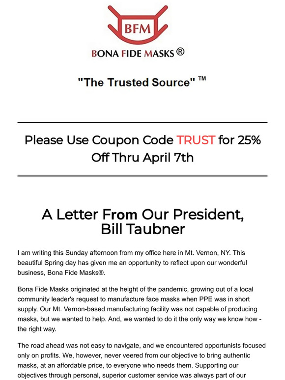 Special Coupon Code for 25% Off & Letter from Bill Taubner