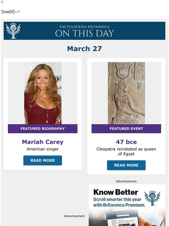 Cleopatra reinstated as queen of Egypt, Mariah Carey is featured, and more from Britannica
