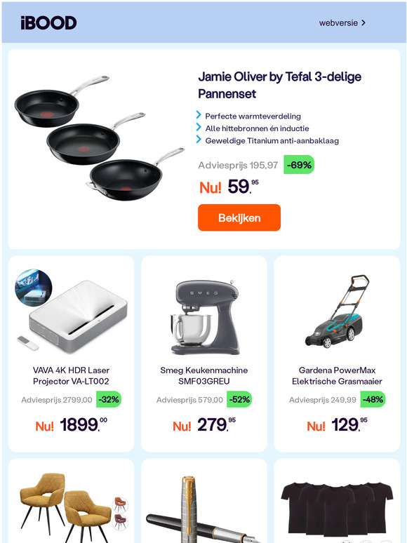 Jamie Oliver by Tefal 3-delige Pannenset -69% | VAVA 4K HDR Laser Projector VA-LT002 -32% | Smeg Keukenmachine SMF03GREU -52%