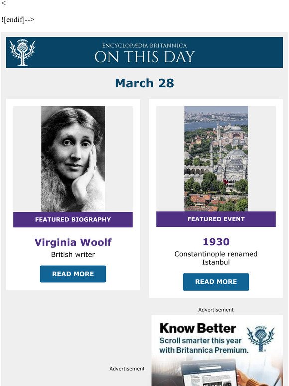 Constantinople renamed Istanbul, Virginia Woolf is featured, and more from Britannica