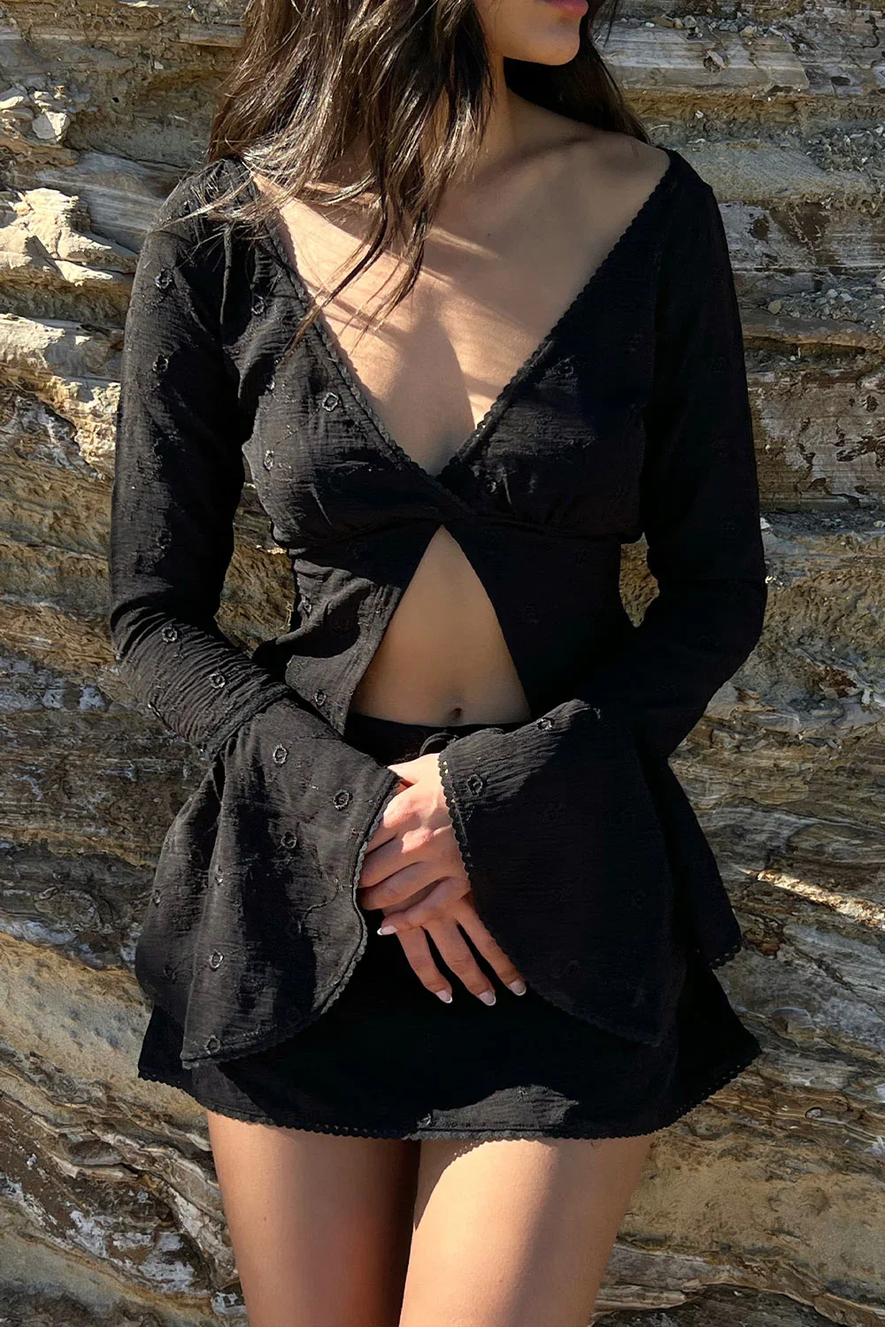 Image of Anabelle Eyelet Long Sleeve Shirt - Black