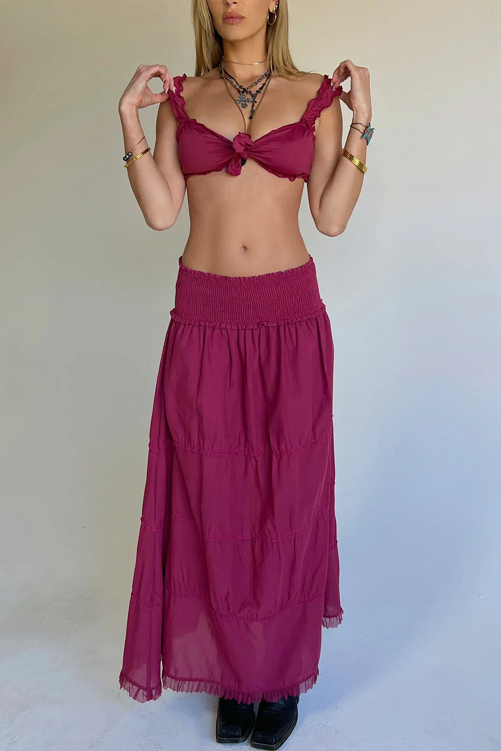 Image of Evangelina Ruffle Maxi Skirt - Bordeaux