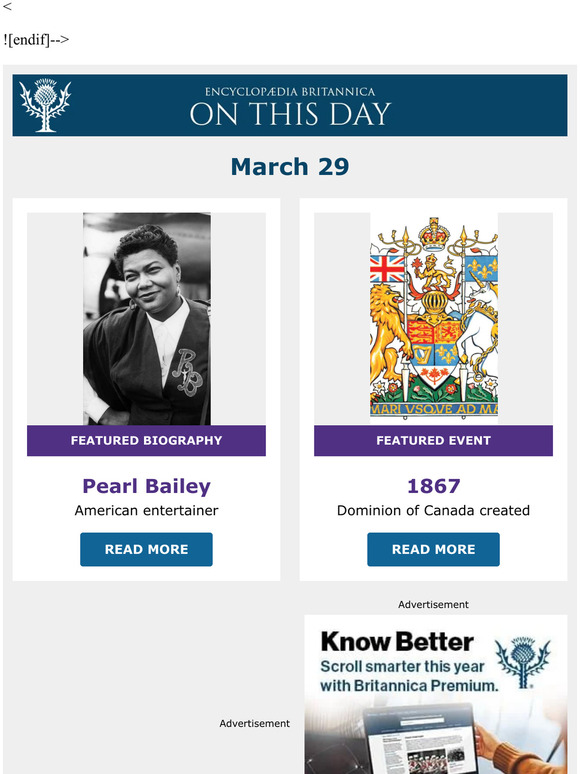 Dominion of Canada created, Pearl Bailey is featured, and more from Britannica
