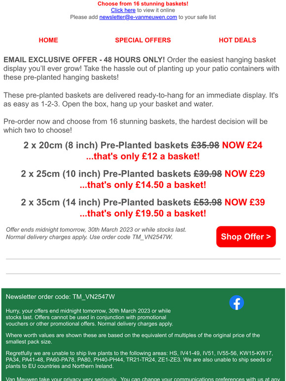 Van Meuwen PrePlanted Hanging Baskets ONLY £12 EACH! 48 HOURS ONLY! Milled