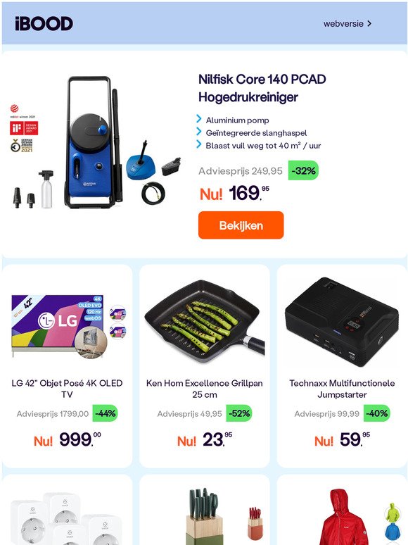Nilfisk Core 140 PCAD Hogedrukreiniger -32% | LG 42" Objet Posé 4K OLED TV -44% | Ken Hom Excellence Grillpan 25 cm -52%