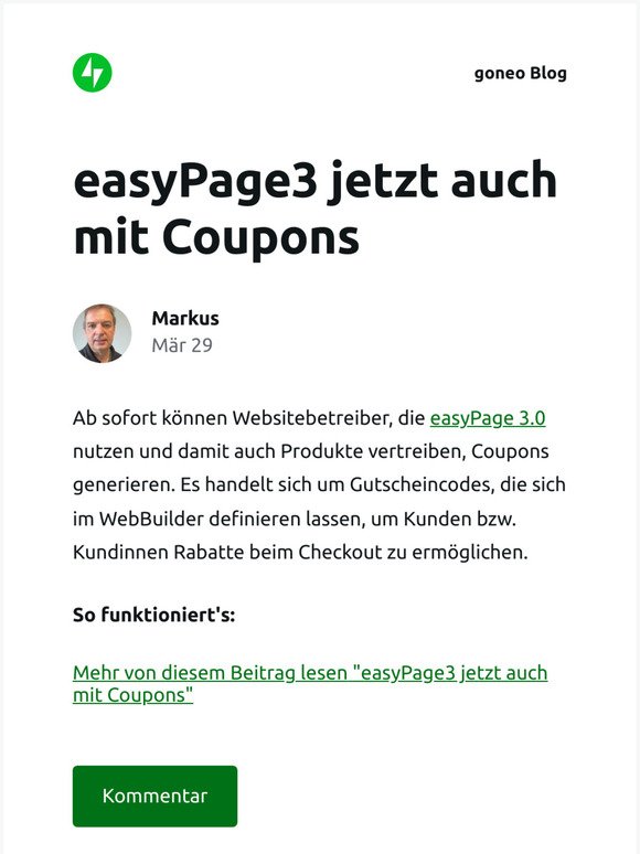 [Neuer Eintrag] easyPage3 jetzt auch mit Coupons