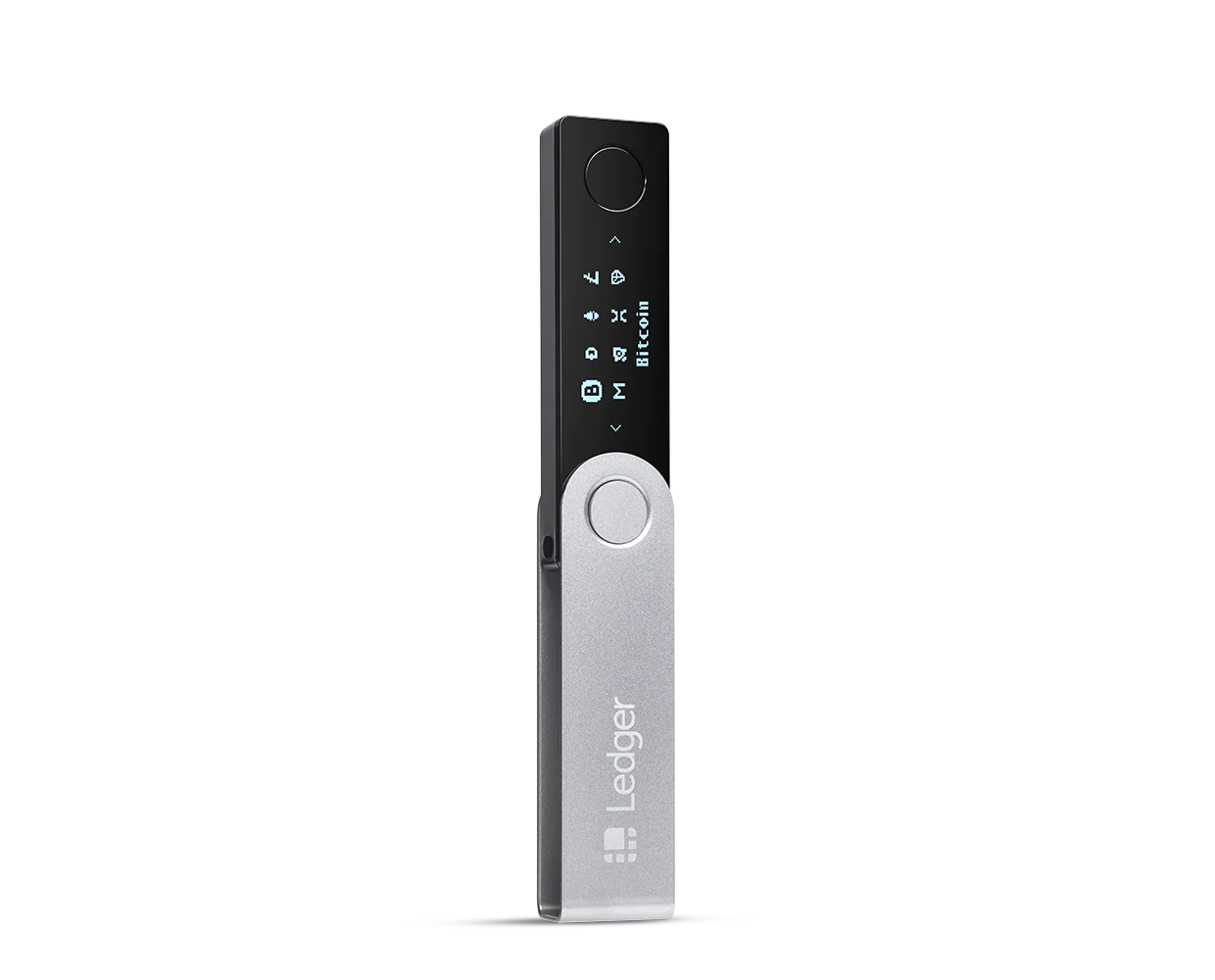 Image of Ledger Nano X Hardware Wallet.  Purple - Orange - Black