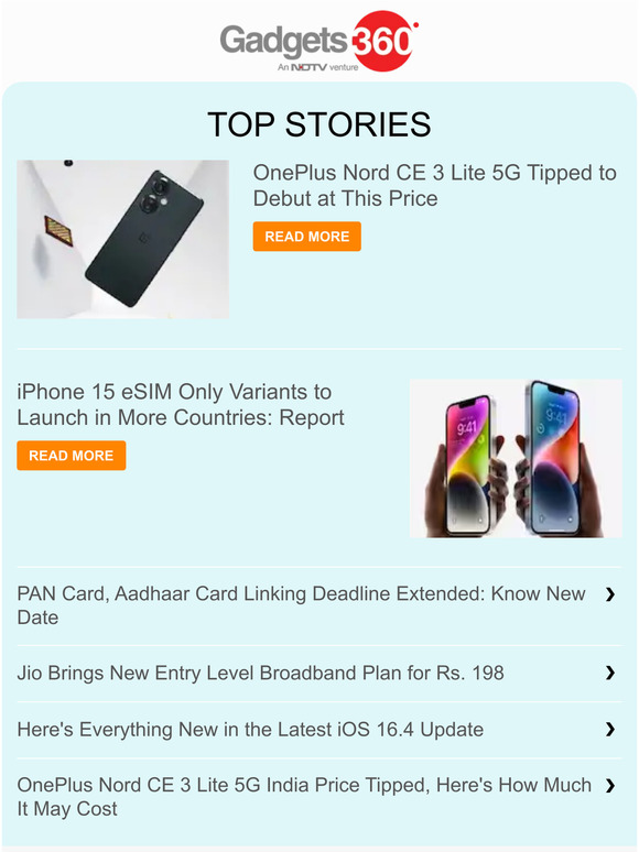 Gadgets 360 Newsletter: OnePlus Nord CE 3 Lite 5G Tipped to Debut at This Price & more