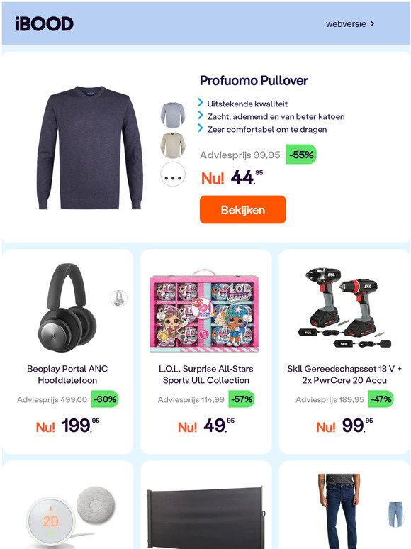 Profuomo Pullover -55% | Beoplay Portal ANC Hoofdtelefoon -60% | L.O.L. Surprise All-Stars Sports Ult. Collection -57%