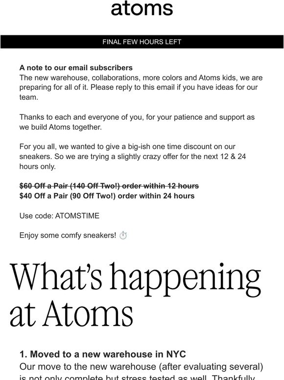 Last Chance: Atoms discount & updates on what’s happening