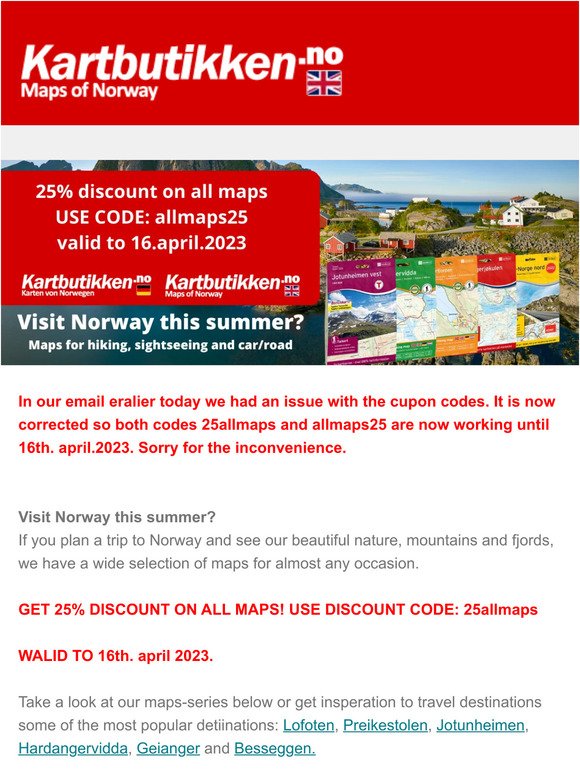 25% discount on Norway maps - update cupon code