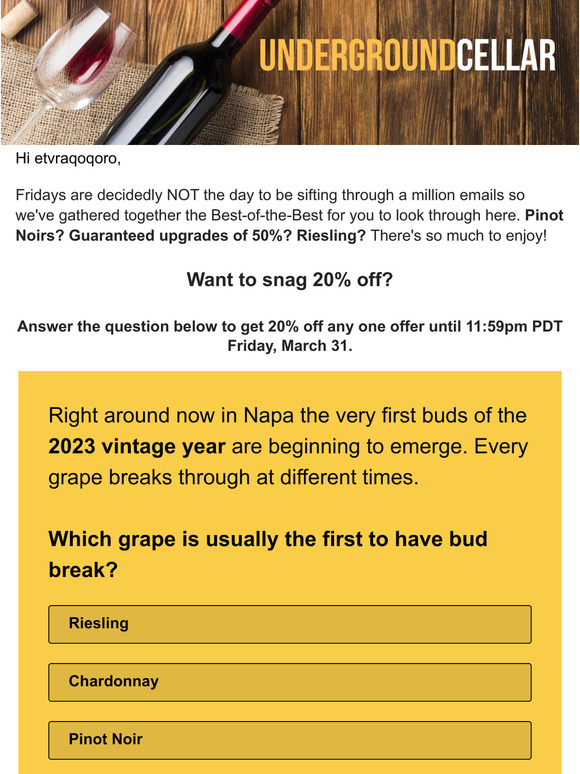 Underground Cellar 20 Off to Celebrate Napa's 2023 Vintage Today