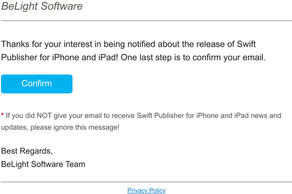Confirm your email for Swift Publisher for iPhone and iPad
