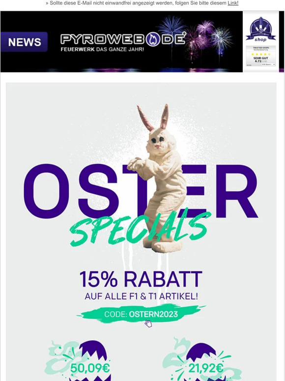 15% Rabatt auf Jugendfeuerwerk und T1 // 50% auf Osterspecials