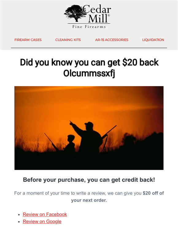 cedar-mill-firearms-give-a-review-and-get-20-off-of-your-next-order