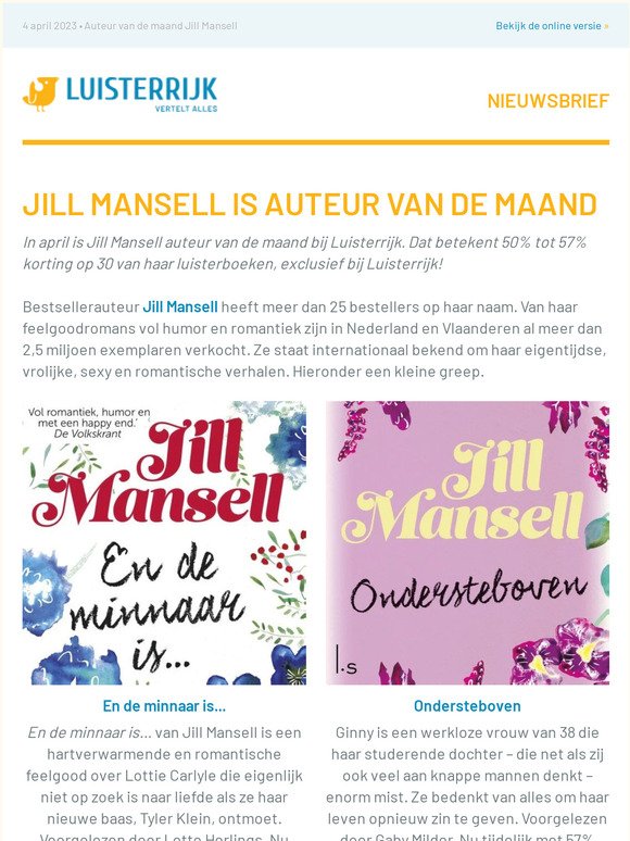 Jill Mansell is auteur van de maand | Tot 57% korting op al haar luisterboeken!