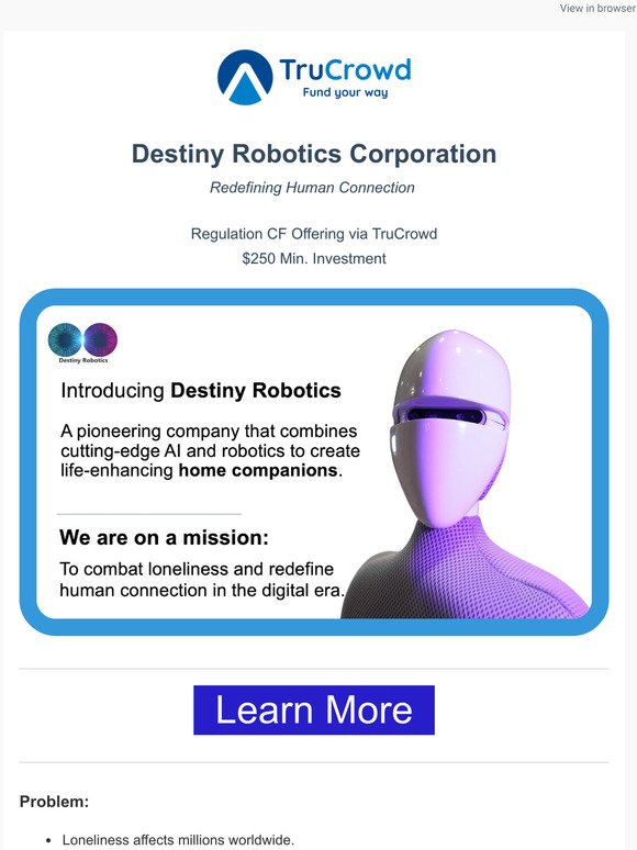 New Reg CF Offering on TruCrowd: Introducing Destiny Robotics - Redefining Human Connection