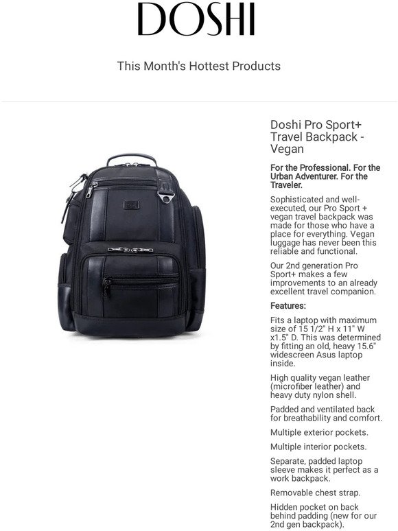 Don't miss Doshi Pro Sport+ Travel Backpack - Vegan and more!