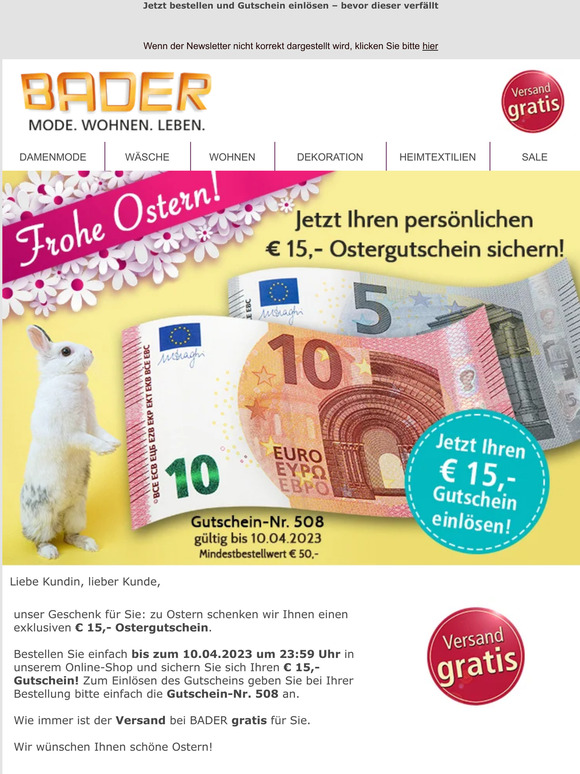 🐰 € 15,- geschenkt! Sichern Sie sich zu Ostern Ihren persönlichen Gutschein! 🐰