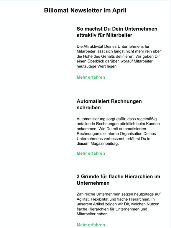 Billomat Newsletter: Unternehmen für Mitarbeiter attraktiv machen, 3 Gründe für flache Hierarchien und Automatisierung Deiner Rechnungen.