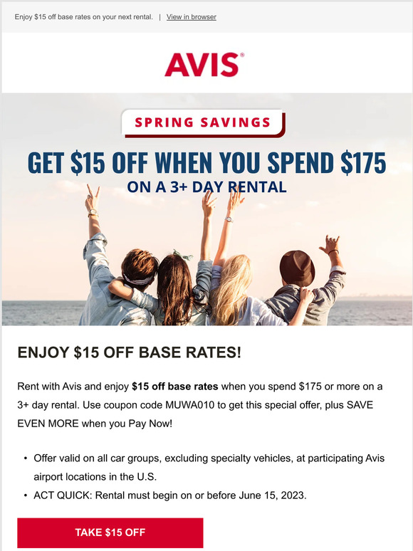 REMINDER: Take $15 OFF a spring rental!