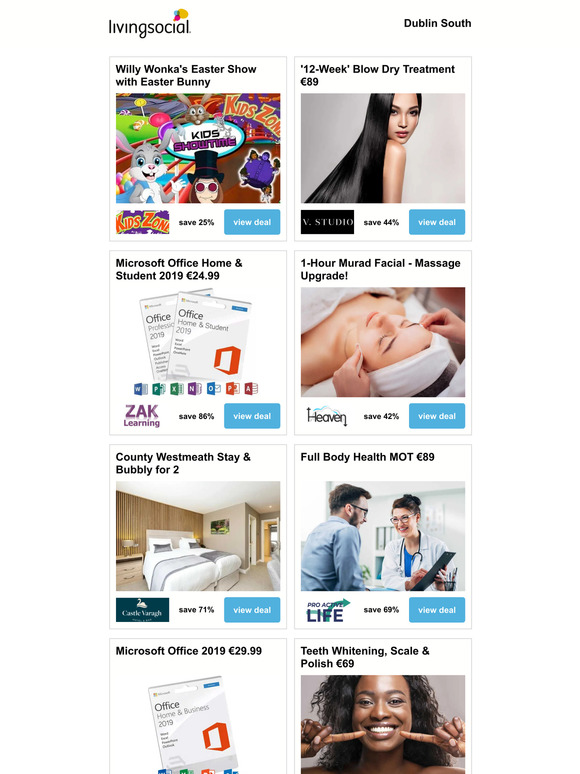 Willy Wonka's Easter Show with Easter Bunny | '12-Week' Blow Dry Treatment €89 | Microsoft Office Home & Student 2019 €24.99 | 1-Hour Murad Facial - Massage Upgrade! | County Westmeath Stay & Bubbly for 2