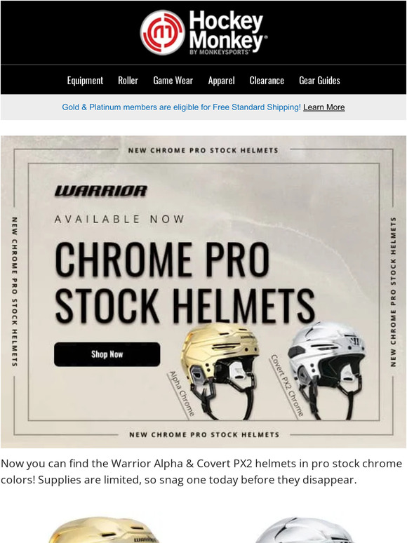 Warrior Alpha Chrome Pro Stock Hockey Helmet in Gold (Chrome)