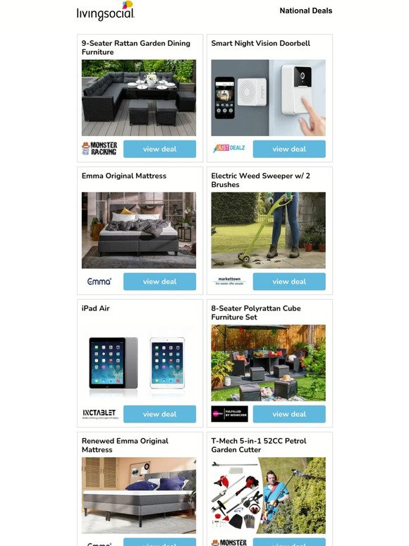 9-Seater Rattan Garden Dining Furniture | Smart Night Vision Doorbell | Emma Original Mattress | Electric Weed Sweeper w/ 2 Brushes  | iPad Air