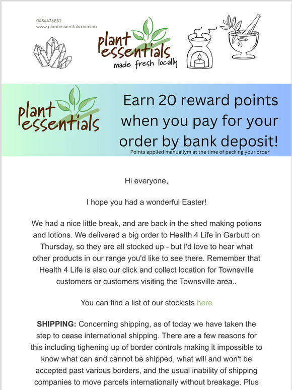 Plant Essentials News - April 2023  - Earn 20 reward points when you pay via Bank deposit