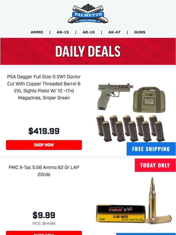 Palmetto State Armory Today Only! PMC XTAC 5.56mm NATO 62gr LAP (M855) 20rd Box 9.99 Free