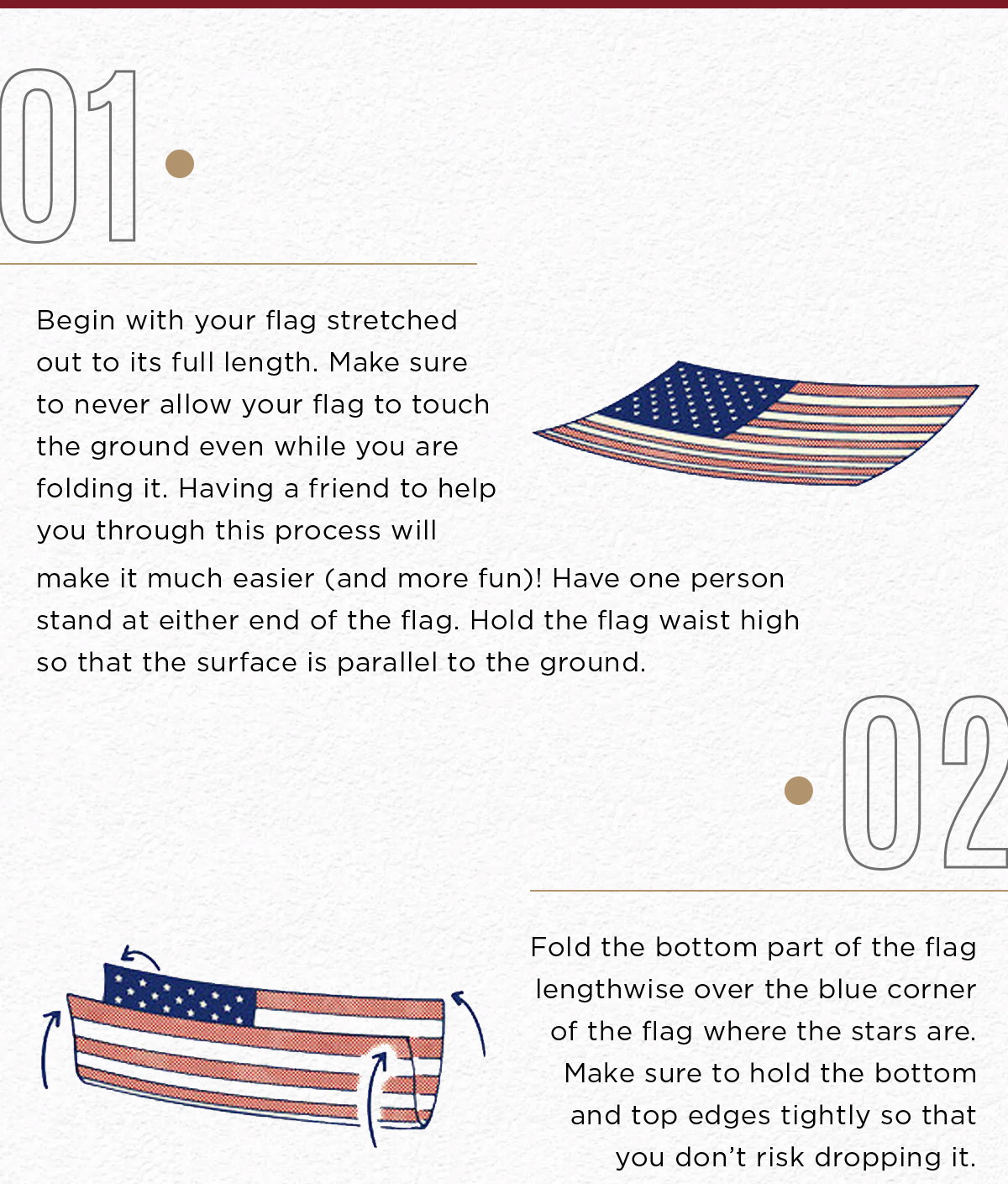 Steps 1 and 2 to begin folding an American flag