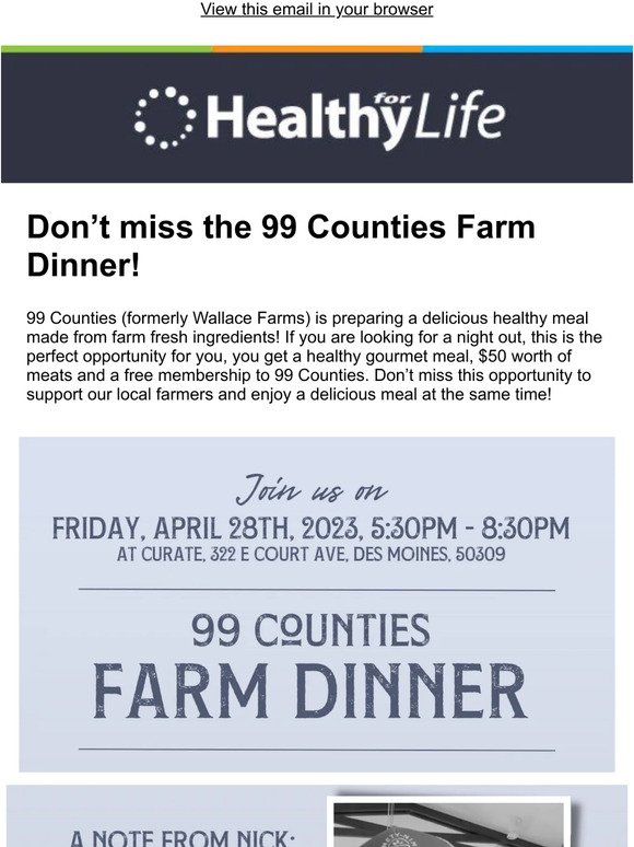 Don't miss out on 99 Counties Farm Dinner!