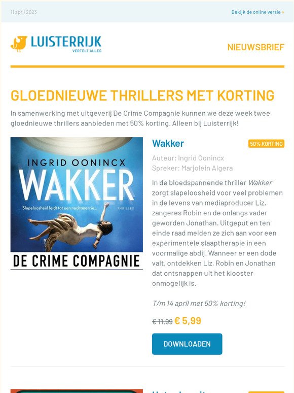 Deze twee gloednieuwe thrillers nu met 50% korting, exclusief bij Luisterrijk!