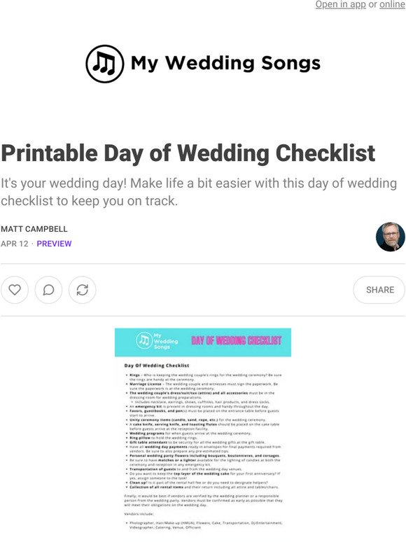 Printable Day of Wedding Checklist