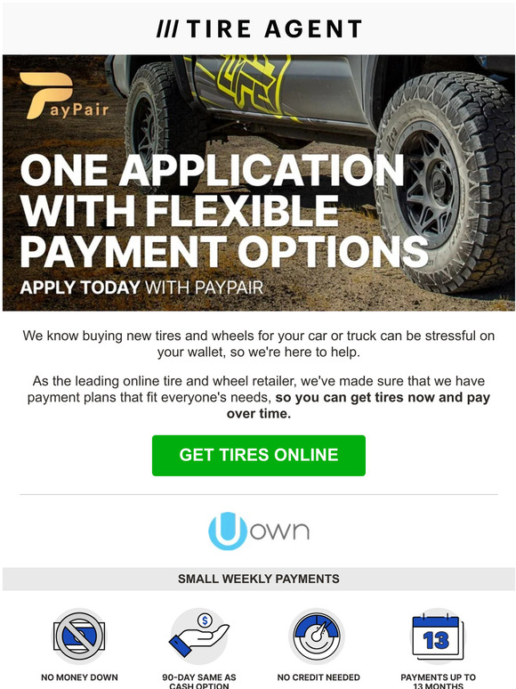 Tire Agent New Tires? Get Them Now and Pay Later! Milled