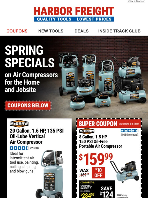 Harbor Freight Tools Spring Specials on Air Compressors & Coupon