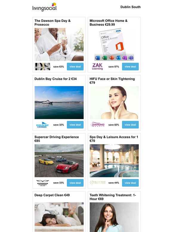 The Dawson Spa Day & Prosecco | Microsoft Office Home & Business €29.99 | Dublin Bay Cruise for 2 €34 | HIFU Face or Skin Tightening €79 | Supercar Driving Experience €85
