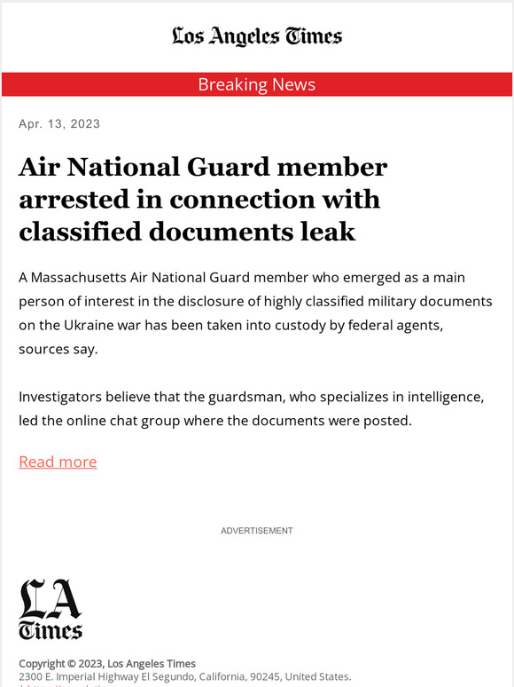 Los Angeles Times Update Air National Guard member arrested in