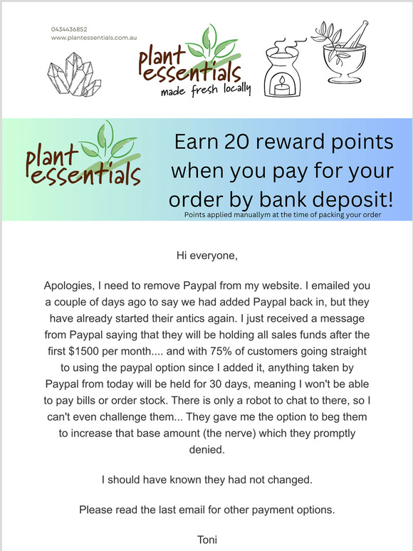 Plant Essentials - Apologies, we had to change the payment options mentioned in our last email - short message enclosed