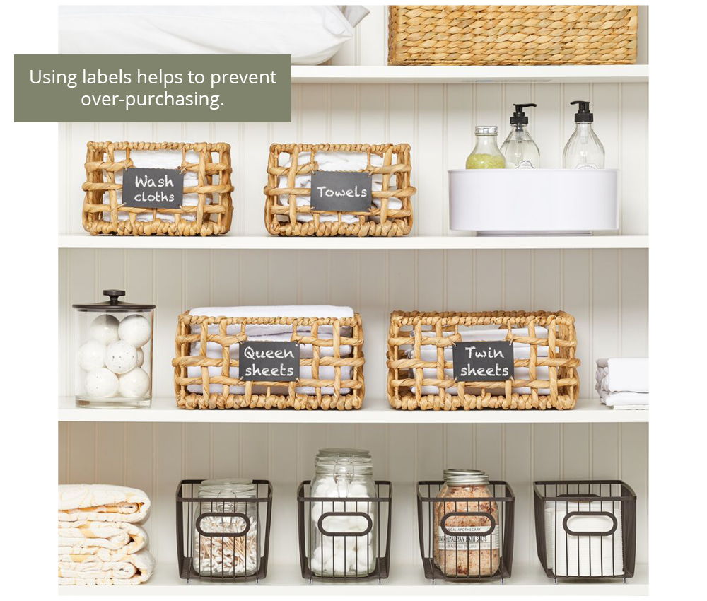 linen closet with open weave hyacinth baskets with chalkboard labels