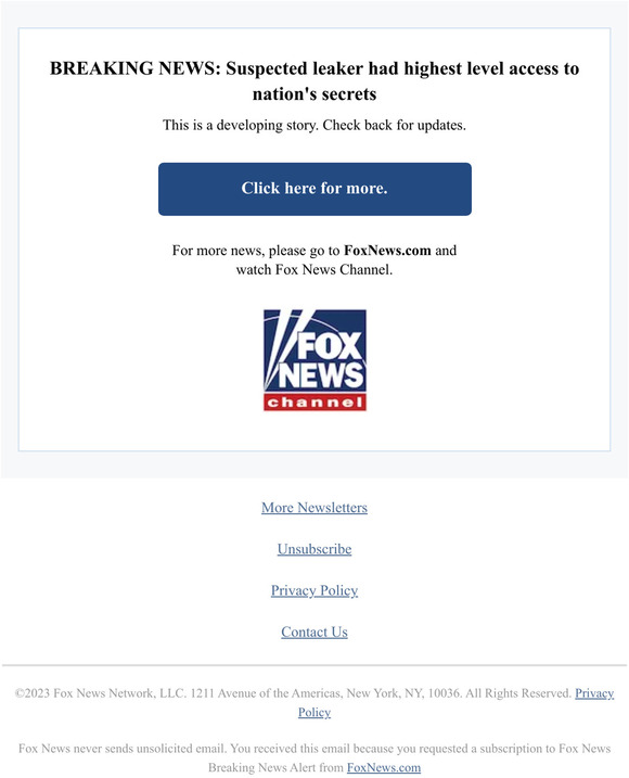 Fox News BREAKING NEWS Suspected leaker had highest level access to